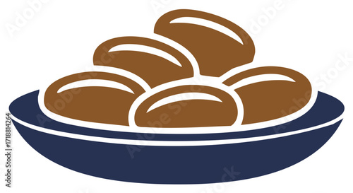 Delicious dates in blue bowl, minimalist vector food illustration