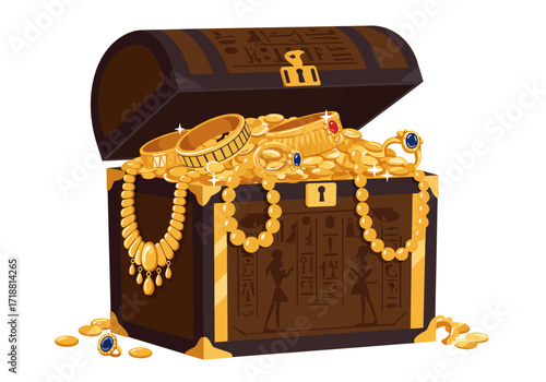 Open treasure chest filled with gold coins and jewelry adorned with ancient Egyptian designs