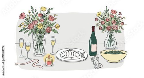 Illustration of a table setting with flowers, wine, fish, and other items.