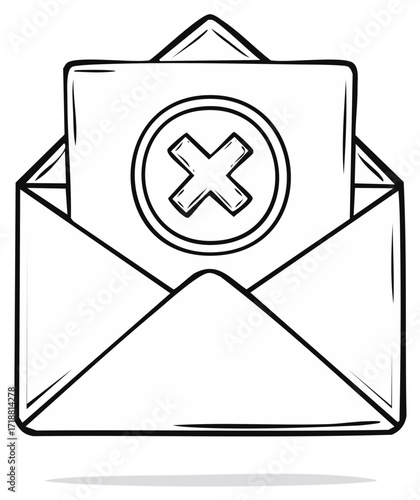 Hand-drawn envelope with a card and a cancelation symbol. White background.