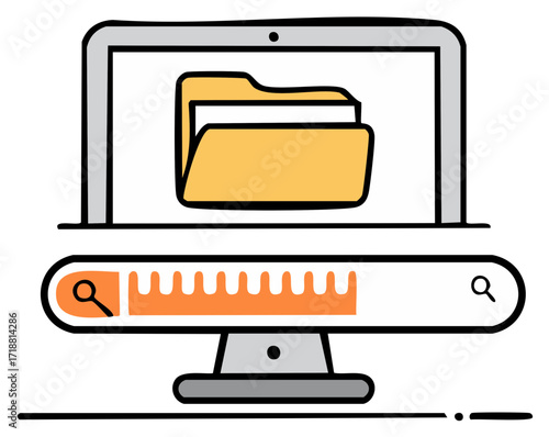 Illustration of a computer with a folder icon displayed on its screen and a search bar, suggesting file management and information retrieval.