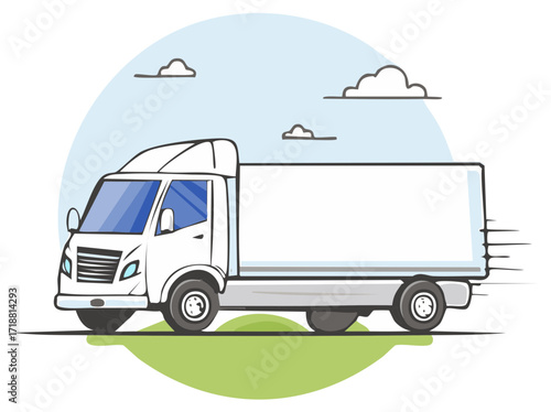 Animated cartoon of a delivery truck driving fast through a landscape under a blue sky with fluffy clouds, great for logistics designs