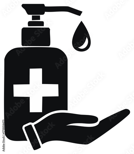 Health and hygiene pump dispenser bottle with medical cross icon and liquid drop on hand.