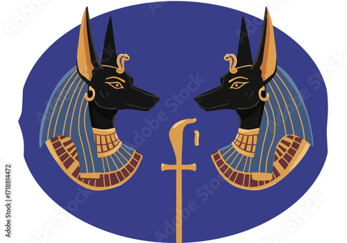 Two Anubis figures face each other with a staffscepter emblem between them set on a dark blue oval