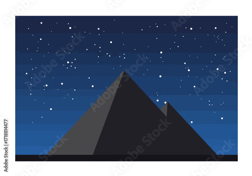 Two pyramids in the desert at night with stars overhead