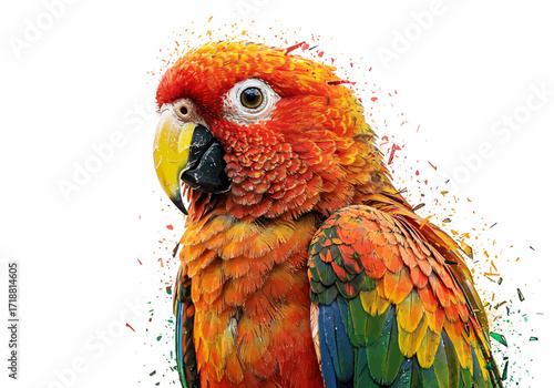 Vibrant Watercolor Parrot Portrait with Detailed Feathers and Yellow Beak.