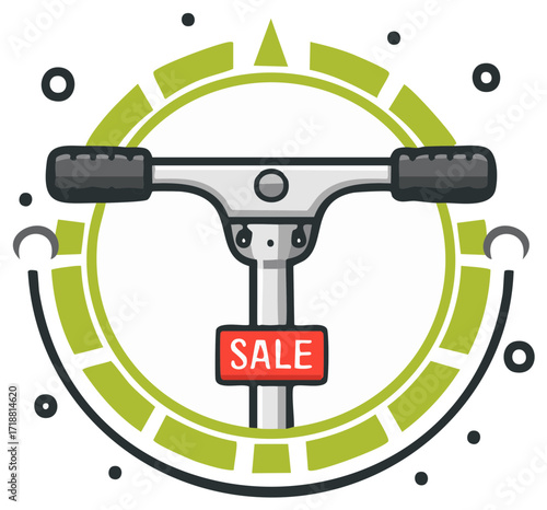 Vibrant Scooter Handlebar with Sale Promotion Tag and Energetic Progress Dial Icon
