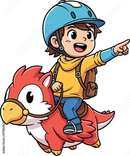 a boys grand adventure riding a fantastic birdhorse, isolated on transparent background