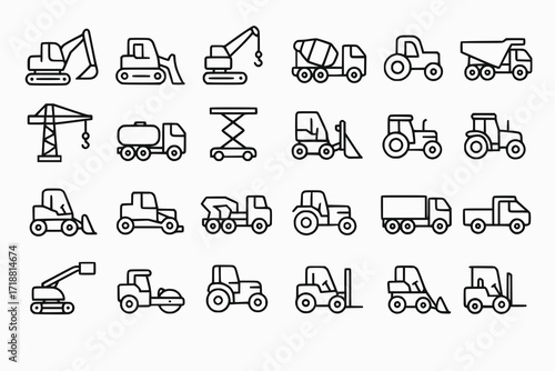 Minimalist Construction Machinery Icon Set in Linear Black Vector Style