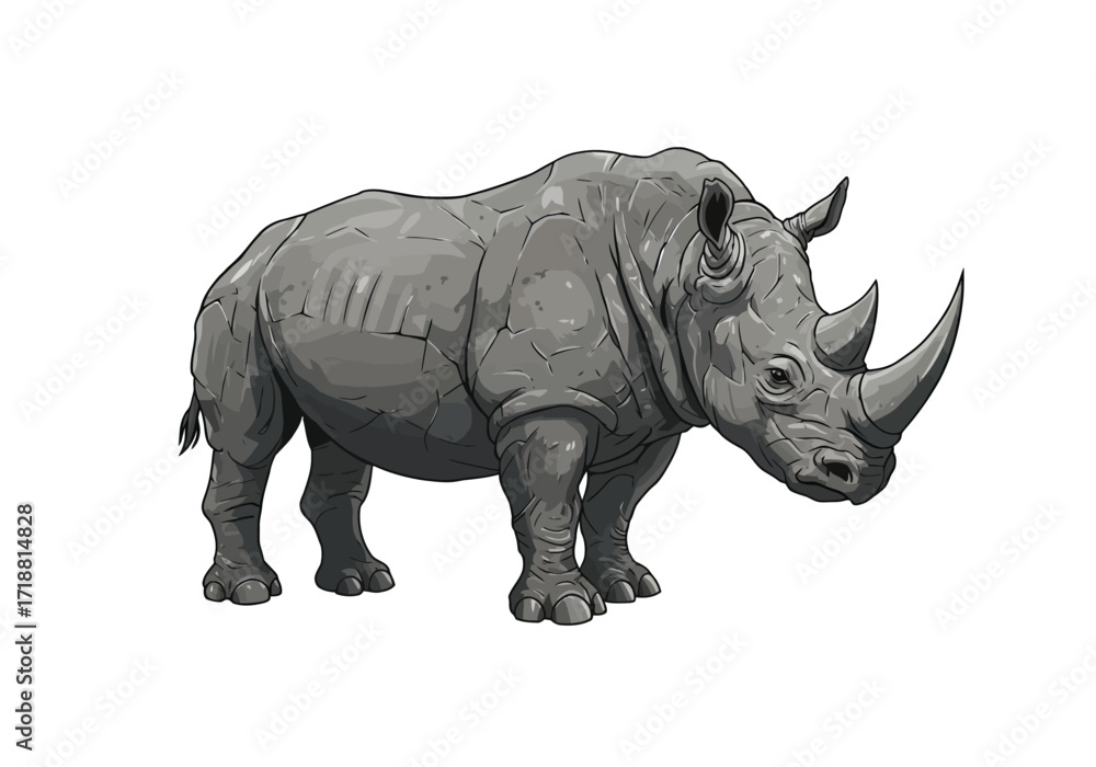 Obraz premium Powerful grey rhinoceros vector illustration standing featuring thick wrinkled skin and two prominent horns.