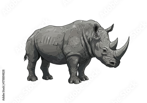 Powerful grey rhinoceros vector illustration standing featuring thick wrinkled skin and two prominent horns.