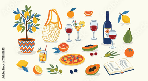 Vibrant Mediterranean lifestyle scene bursting with fresh fruits, delicious pizza, wine, and refreshing drinks perfect for summer.