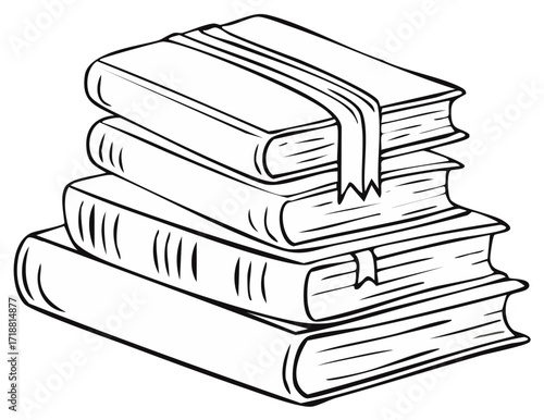 Stack of Open and Closed Books with Ribbons and Bookmarks Illustration