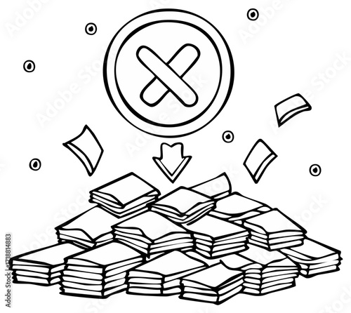Hand-Drawn Delete Icon Above Stack of Paper, Discarding Files, Line Art Illustration