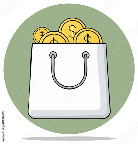 Shopping bag overflowing with gold coins with dollar signs, wealth and purchasing power concept