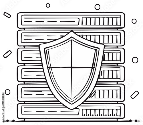 Computer server rack with a large shield protecting it from digital threats and data loss