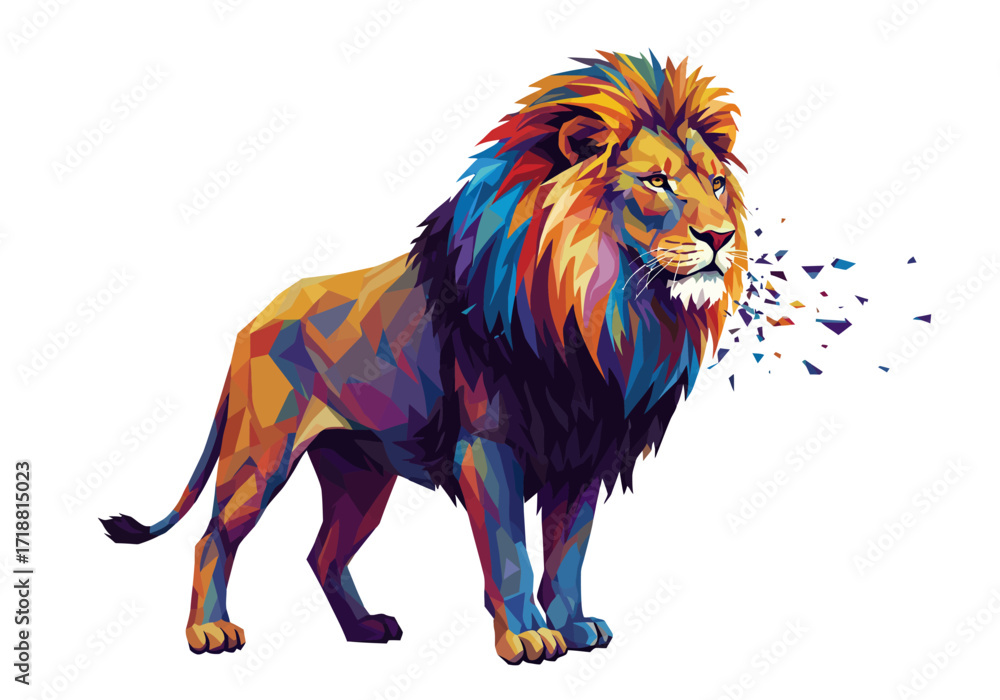 Obraz premium Majestic Polygonal Lion with Vibrant Mane and Disintegrating Fragments.