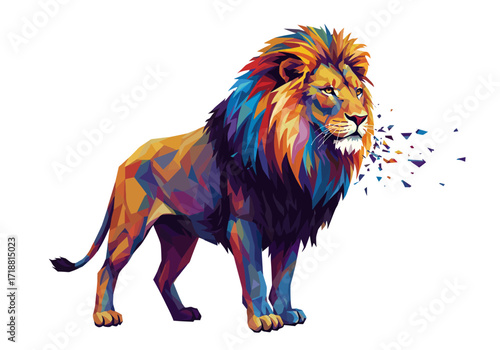 Majestic Polygonal Lion with Vibrant Mane and Disintegrating Fragments.