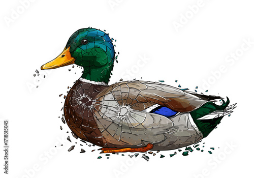 Stylized mallard duck illustration with vibrant green head shattered glass texture and distinctive bullet hole cracks.