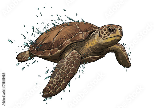 Detailed Illustration of a Brown Sea Turtle Swimming with Water Splashes.