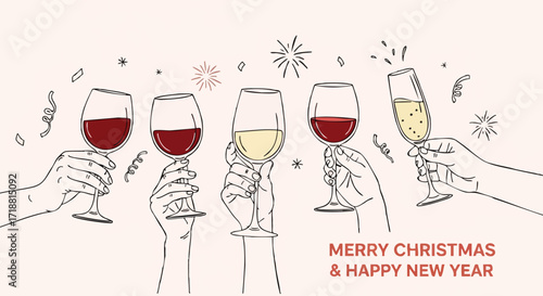 Celebrate the holidays with friends and family enjoying wine and champagne this Christmas season, raising toasts for a happy new year with festive drinks