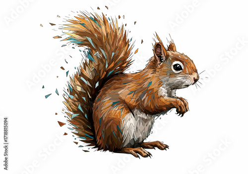 Red Squirrel in Geometric Style Bushy Tail Alert Pose Detailed Fur Texture.