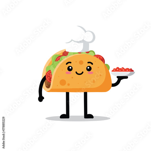 A friendly, proud anthropomorphic taco character, donning a chef's hat and holding a plate of vibrant salsa, is a cheerful 2D flat vector illustration on a clean white background.
