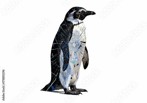 Unique Stylized Penguin Illustration Featuring Shattered Glass Texture and Central Impact.