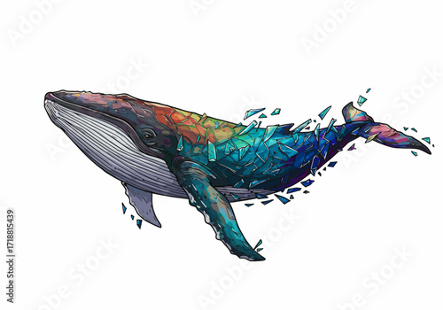 Vibrant geometric whale illustration with shattered crystalline texture and rainbow gradient colors.