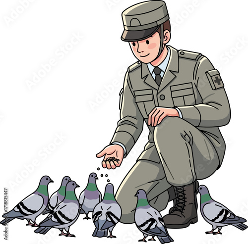 a gentle soldiers kindness feeding pigeons in the park, isolated on transparent background