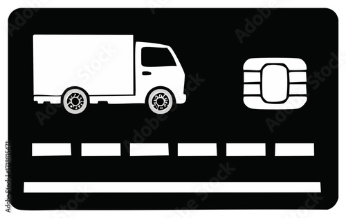 Credit card with delivery truck icon and chip representing online shopping and logistics
