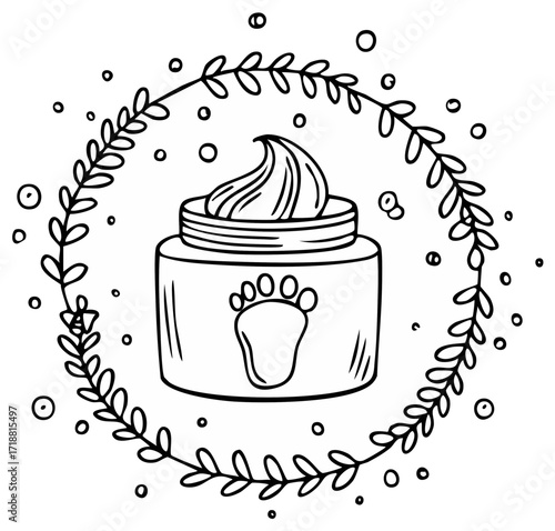 Hand drawn outline of a foot cream jar with swirled balm, framed by a delicate botanical wreath.