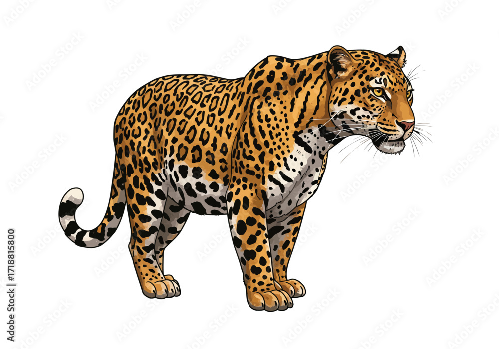 Obraz premium Vibrant cartoon jaguar illustration standing showcasing detailed rosettes and spots on its orangetan fur with a white underbelly.