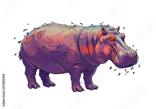 Stylized Hippopotamus Illustration with Geometric Fractures and Purple Tones.