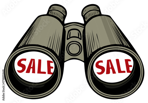 Binoculars graphic with red sale text reflection concept for finding bargains and discounts