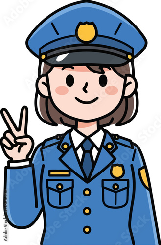 a junior police officers peace sign cartoon illustration of safety and security, isolated on transparent background