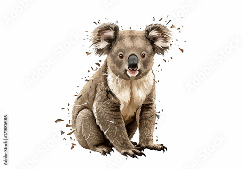 Charming illustrated koala sitting featuring fluffy ears and a distinctive fragmented artistic style.