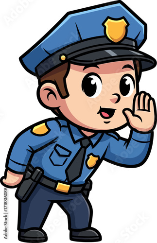 a little police officers big announcement a cartoon illustration, isolated on transparent background