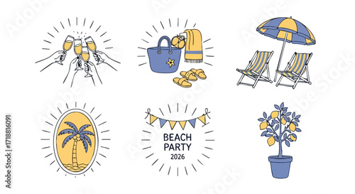Celebrate summer vibes with festive beach party essentials, relaxing deck chairs under an umbrella, and a vibrant lemon tree for a perfect vacation atmosphere.