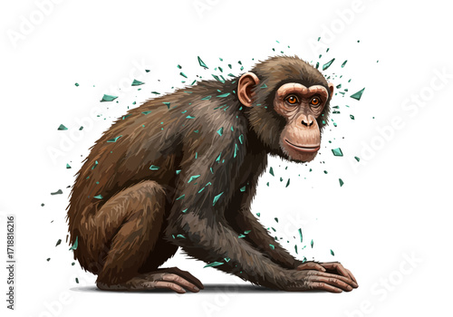 Digitally Illustrated Chimpanzee with Shattered Glass Effect Sitting and Smiling.