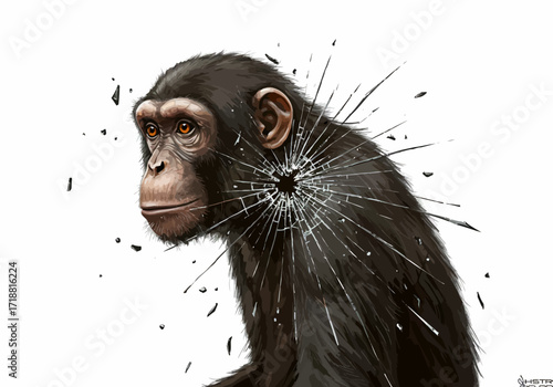 Chimpanzee Portrait with Shattered Glass Effect Detailed Fur Texture Amber Eyes.