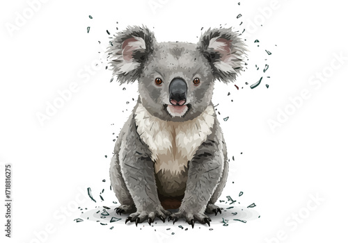 Adorable Gray Koala Bear with Fluffy Ears and Scattered Shards.