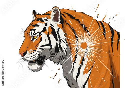 Stylized orange tiger vector illustration with striking black stripes and shattered glass impact effect.