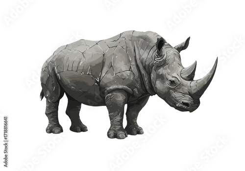 Stylized gray rhinoceros illustration with a unique cracked skin texture standing powerfully.