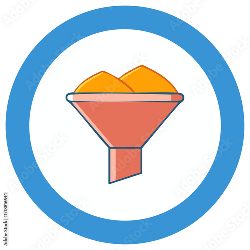 Flat design icon of a funnel filled with orange granular material inside a blue circular frame representing filtering data processing or conversion