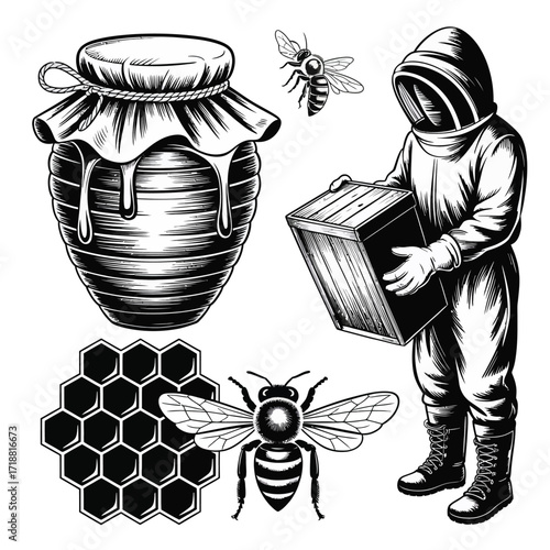 Sweet Honey Harvest Icons, Beehive, Bees, Honey Jar, Honeycomb Pattern, Natural Eco Product Vector Illustration Bundle for Labels, Posters, Stickers, Organic Branding, and Packaging Design