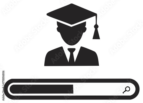 Graduate with Mortarboard Cap and Search Bar Icon for Education.