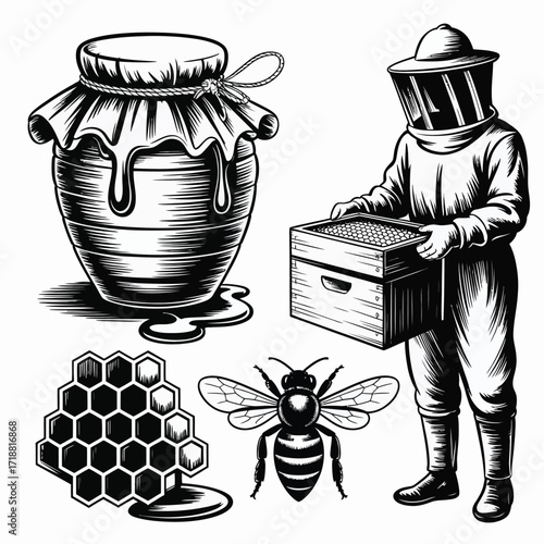Honey Harvest Collection with Bees, Honeycombs, Flowers, and Beehives, Sweet Natural Food Clipart Set, Organic Farm Product Label and Eco Packaging Vector for Print and Branding Projects