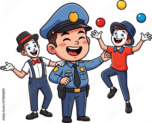 a police officers joyful day with mime friends a celebration of community spirit, isolated on transparent background