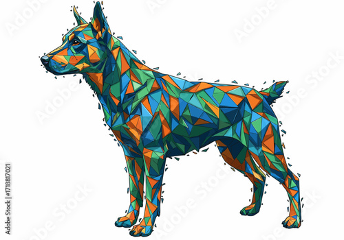 Geometric Doberman Dog Standing with Vibrant Polygonal Mosaic Pattern.